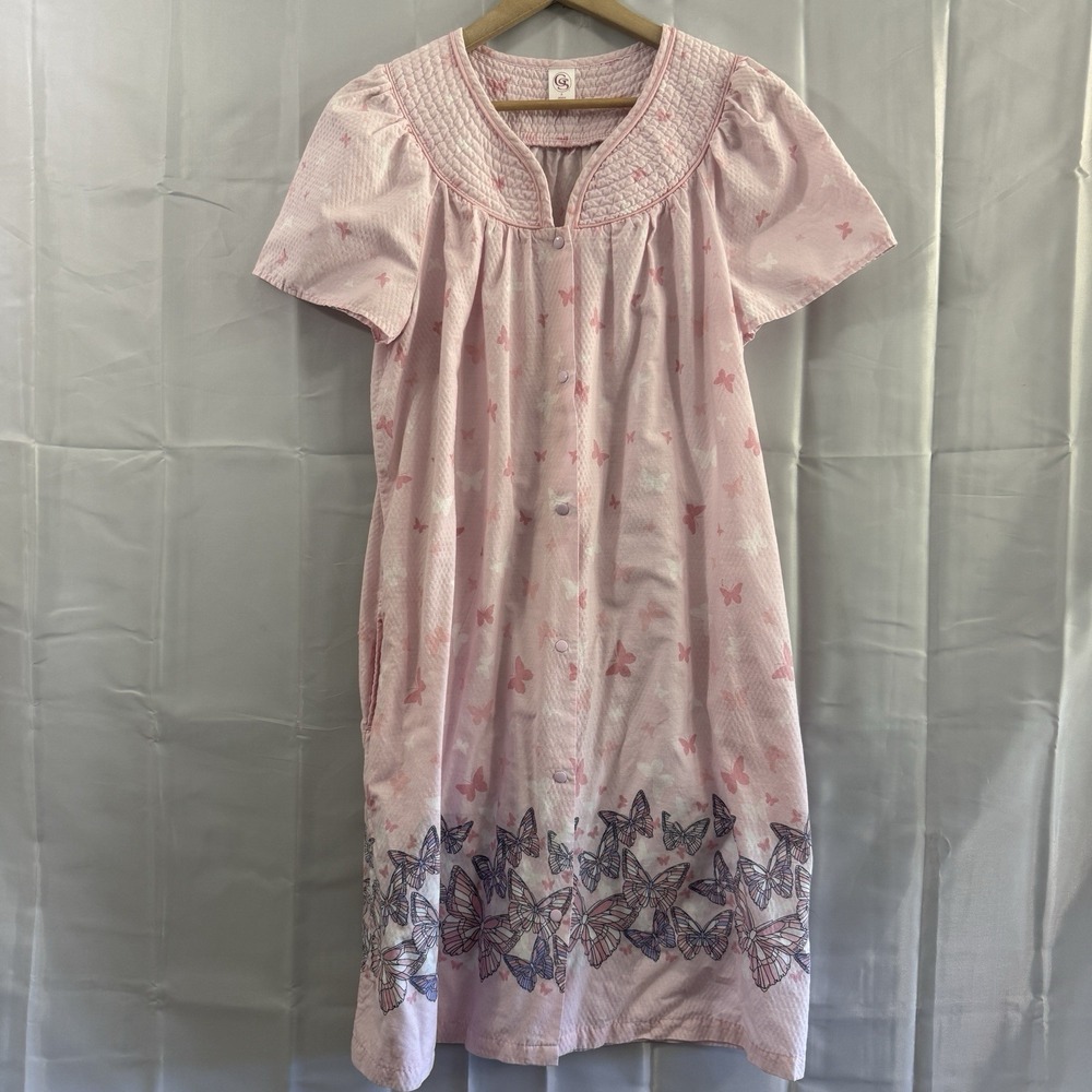 Womens S Pink White House‎ Coat Lounge Pajamas Pockets Butterfly Grandma Mumu